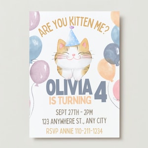 Personalized Cat Birthday Invitation, Cat Themed Party Invite, Cat Party, Cat Birthday Invite, Cat Party Evite, Digital Download