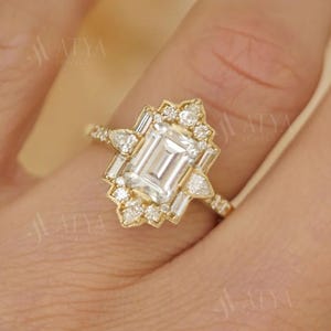 1.20 CT Emerald Cut Vintage Bridal Engagement Ring Baguette Wedding Ring Unique Art Deco Ring Diamond Halo Ring Starbust Ring For Women