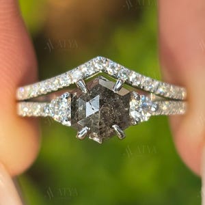 Raw Diamond Hexagon Cut Diamond Ring Salt and Pepper Unique Engagement Ring Rose Cut Geometric Diamond Ring 14K Solid Gold Wedding Ring Set