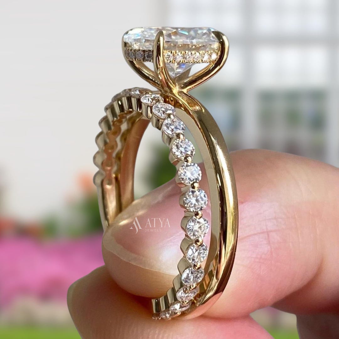3 CT Oval Cut Moissanite Engagement Ring Set 14K Solid Yellow Gold ...