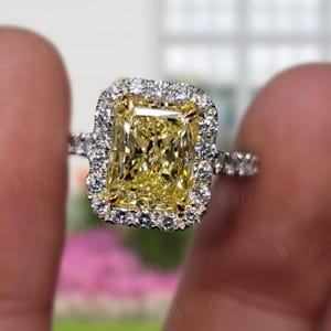 2 CT Radiant Cut Canary Yellow Moissanite Engagement Ring, Halo Diamond Ring, Side Stone Round Cut, Anniversary Gift Ring, Ring For Her