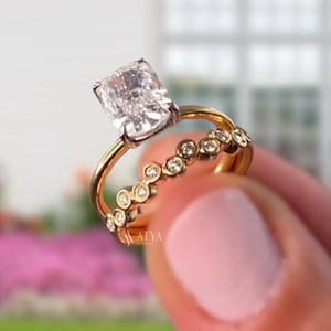 Cushion Cut 3 Carat Moissanite Diamond Ring Set Bezel Set Unique Wedding Band 925 Sterling Silver Wedding Ring Promise ring for women gift