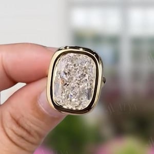 5.0 Ct Elongated Cushion Cut Simulated Engagement Ring, Bezel Set Wedding Ring, 18K Yellow Gold Solitaire Ring. Anniversary Ring For Wife