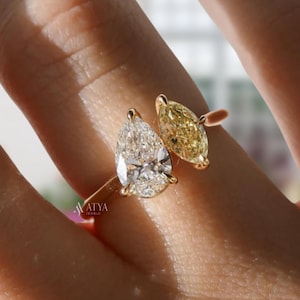 Perfect &quot;You n me&quot; Gold Diamond Ring Canary Yellow Marquise Moissanite Ring Toi et Moi Ring Gift for Wife Beautiful Bezel Set Ring For Her