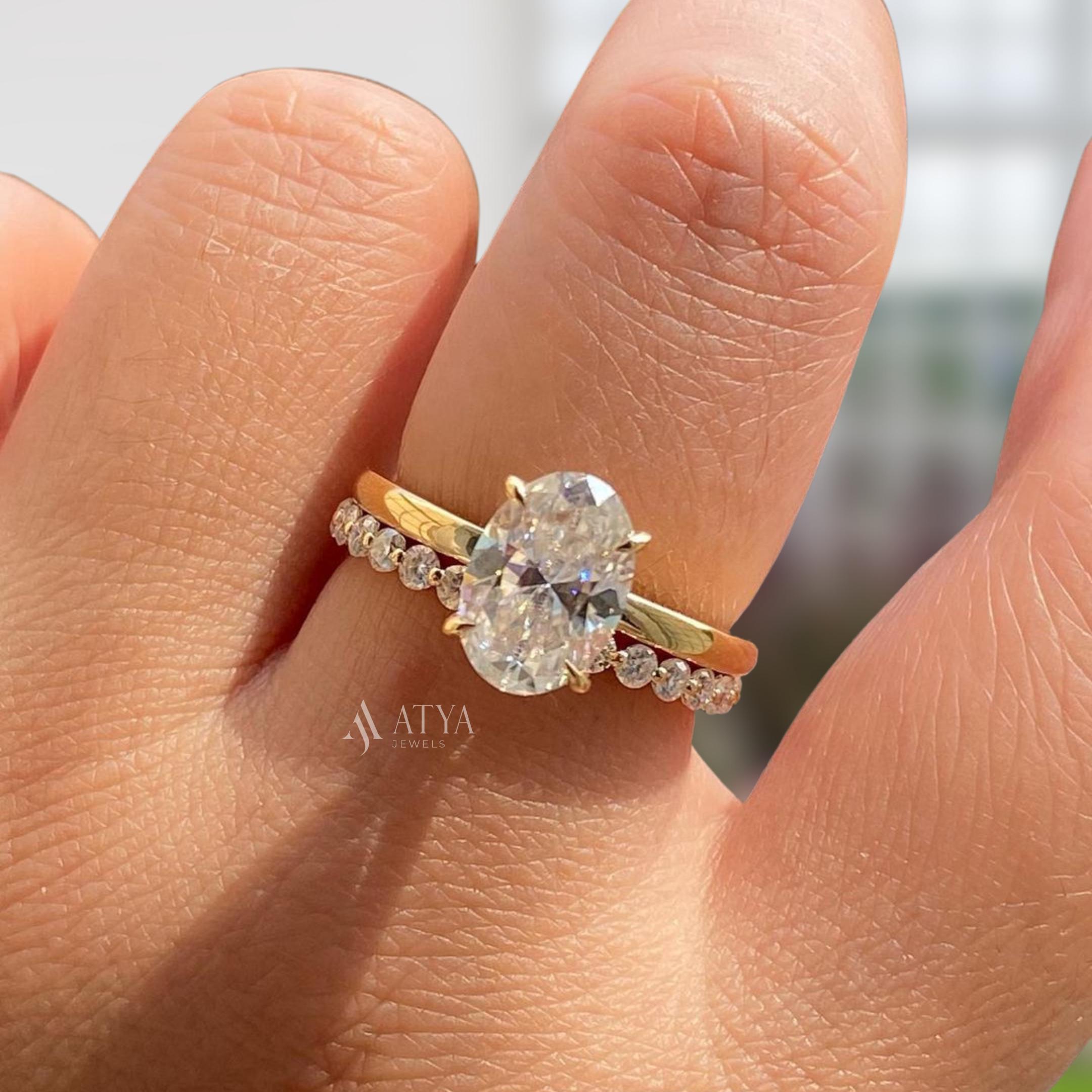 3 CT Oval Cut Moissanite Engagement Ring Set 14K Solid Yellow Gold ...