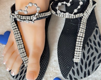 Hand-decorated original Havaianas - unique personalized - flip flops - bling - with crystals and decorative stones black sparkle sandals