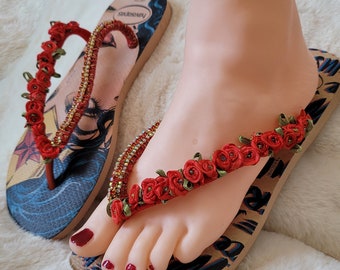 Hand decorated original Havaianas - unique - Wonderwoman - flip flops - bling - with crystals and decorative stones red sparkle sandals