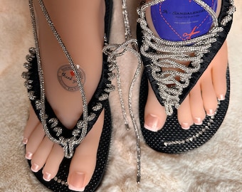 Havaianas Gladiator Leg Lacing Sparkling Crystal Cord Rhinestone Sandals Gladiator Sandals Black Woman Sandals Sole Decorated with Rhinestones