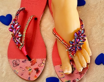 Handvereld Havaianas ユニークなパーソナライズ - ビーチサンダル キラキラ - クリスタルと装飾石付き ピンク スパークル サンダル ソンダモデル ハワイアナス