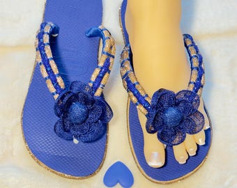 Handmade Blue flowers, decorated Havaianas - unique personalized - flip flops -bling -crystals Blue sandals, rubber flip flop sole