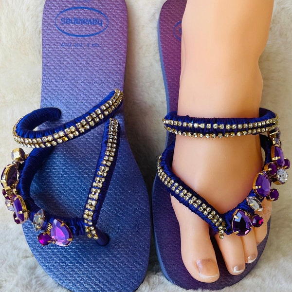 Rhinestone Flat DUO Havaianas, crystal embellishment, open toe, double straps, jewel, hand-made, bling, color blue Havaianas gift idea Lux