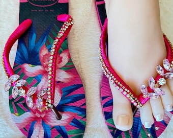 Havaianas originales decoradas a mano - chanclas personalizadas únicas - brillantes - con cristales y piedras decorativas, sandalias con brillo rosa