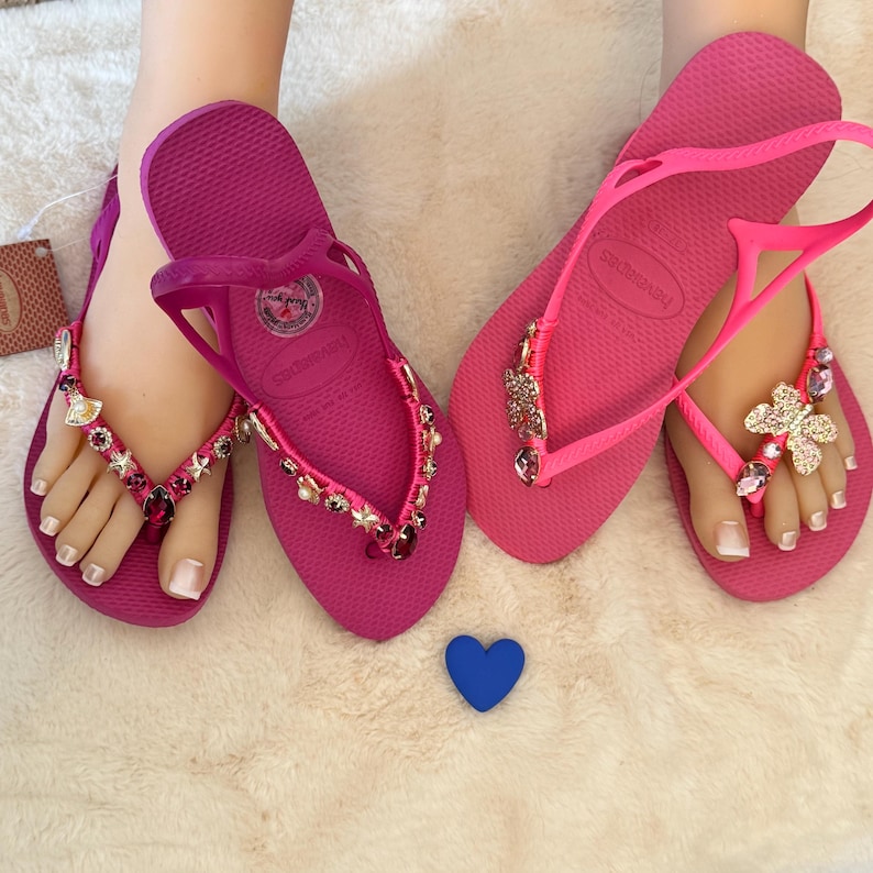 Havaianas - gold unique personalized - flip flops - bling - with crystals and decorative stones pink sparkle sandals pink image 1