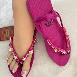 Havaianas - gold unique personalized - flip flops - bling - with crystals and decorative stones pink sparkle sandals pink image 6