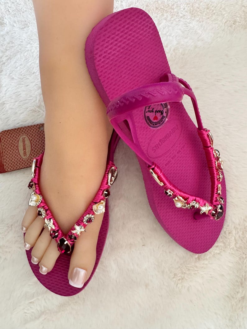 Havaianas - gold unique personalized - flip flops - bling - with crystals and decorative stones pink sparkle sandals pink image 6