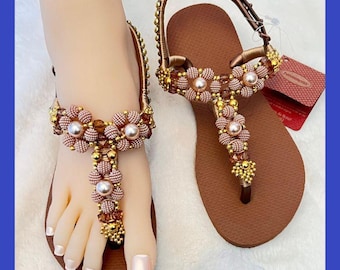 Havaianas You Paraty, hechas a mano – Azul oscuro – Chanclas con perlas y flores – Únicas – Sandalias de verano – Idea de regalo con motivos florales