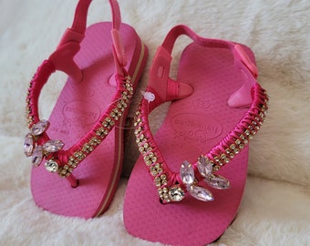 Hand decorated original Havaianas - kids - unique personalized - flip flops - bling - with crystals and decorative stones pink sandals