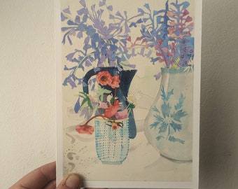 May include: A watercolor painting of a still life featuring three vases with blue and white floral designs. The vases are filled with pink and blue flowers. The painting is on a white background.