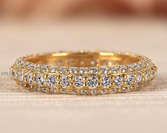 3列マイクロパヴェダイヤモンドフルエタニティバンドトリプルサイドパヴェアニバーサリーバンド、14Kゴールドバンド、重ね付け可能な女性用結婚指輪