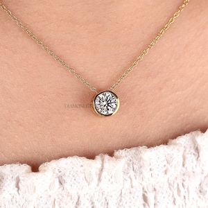 Bezel Set Diamond Solitaire Necklace: 14k Gold Pendant, E/VS Diamond