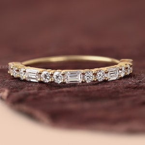 Baguette and Round cut Diamond Wedding Band, Certified Natural Diamond Band, Thin Half Eternity Cluster Band, 14k Yellow Gold Ring For Women
