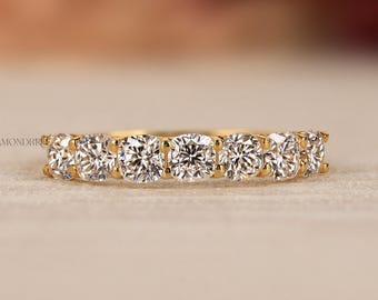 Cushion Cut Lab Grown Diamond Seven Stone Wedding Band, 14K Solid Yellow Gold Half Eternity Ring, CVD Diamond Ring For Gift