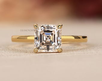 Asscher Cut Lab Grown Diamond 14k Gold Solitaire Ring, IGI Certified