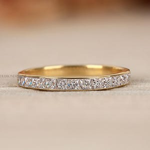 2MM Princess Cut Channel Set Lab Grown Diamond Wedding Band, Half Eternity Stackable Ring In 14K Solid Yellow Gold, Handmade Matching Band