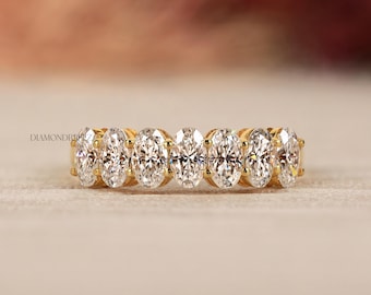 Oval Cut Lab Grown Diamond Wedding Band, CVD Diamond Seven Stone Band, 14K Solid Gold Half Eternity Engagement Band, Ring For Birthday Gift