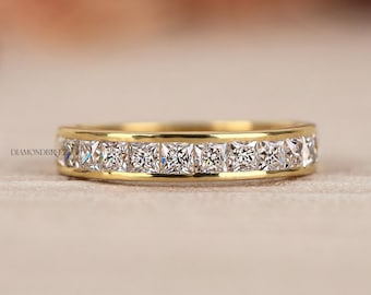 Channel Set Princess Cut Lab Grown Diamond Wedding Band 14K Gold Half eternity Ring