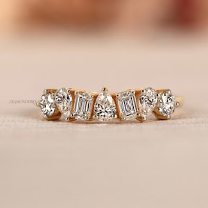 Multi Shape Lab Grown Diamond Wedding Band, Mixed Cut Diamond Ring, Solid Gold Half Eternity Band, Stackable Anniversary Ring, Gift For Her