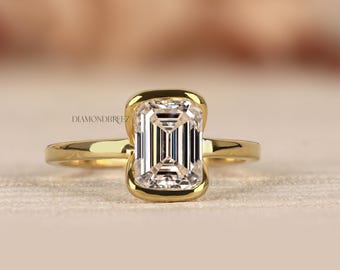 Emerald Cut Lab Grown Diamond Engagement Ring, 14k Yellow Gold Half Bezel Setting