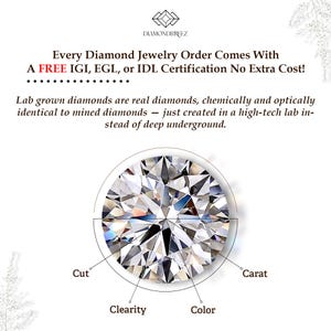 May include: A detailed image of a diamond with labels for "Cut", "Clearity", "Color", and "Carat". The text states that every diamond jewelry order includes a free IGI, EGL, or IDL certification at no extra cost. The diamond is lab grown.