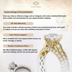 May include: Detailed illustration of a diamond ring with a large, clear gemstone. Text includes "Custom Design & Personalization," "30-Day Warranty," "Fast, Human Support," and "Flexible Installment Plans." The brand name "DIAMONDBREEZ" is also visible.