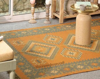 Handwoven Wool Jute Rug, Boho Diamond Pattern, Eco-Friendly Indian Carpet