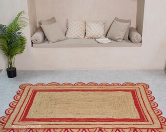 Handgestikt jute vloerkleed met geschulpte rand, boho natuurkleurig vloerkleed, rustieke boerderijstijl decoratie