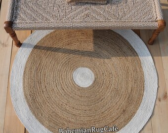 Handmade Round Jute Rug, Natural Fiber with Off White Border