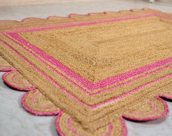 Scalloped Jute Rug, Handwoven Natural Fiber Rug, Boho Farmhouse Home Decor, Rustic Jute Rug, Coastal farmhouse Rug, Accent Rug