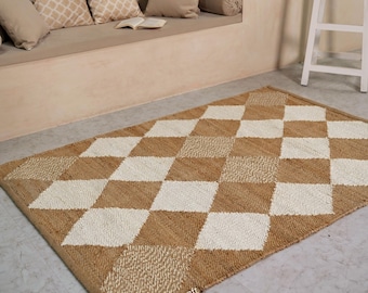 Handwoven Diamond Jute Rug – Boho Checkered Runner