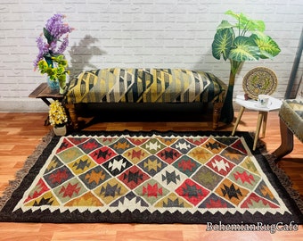 Kilim Rug Handwoven, Wool And Jute Rug Handmade, Kilim Dhurrie Rug, Traditional Indian Jute Area Rug, Housewarming Rug