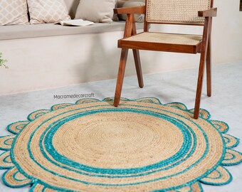 Scallop Jute Round Rug, Natural Woven Area Rug, Handmade Boho Floor Mat, Farmhouse Home Decor
