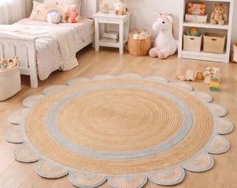 Natural Round Jute Rug, Handwoven Braided Area Rug, Eco Friendly Natural Fiber Carpet, Rustic Boho Home Decor