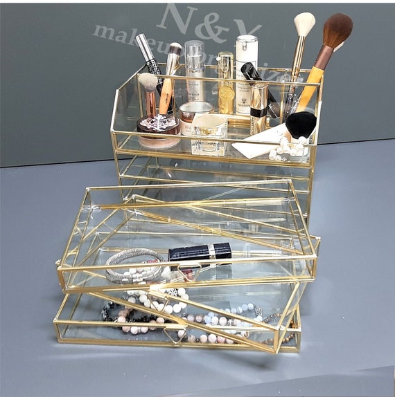 Scatolina Portagioielli In Vetro Esagonale Dorata - Espositore Per Anelli, Orecchini E Collane