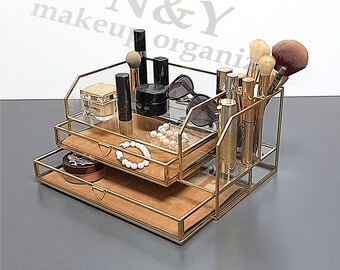 Handgemaakte make-updoos van messing en glas: gouden sieradendoos met 2 lades