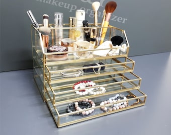 Handgemaakte make-upopberger met 3 lades van messing en glas: gouden sieradendoosje