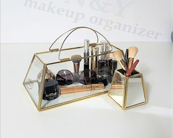 Make-uporganizer van messing glas: doos sieradenaccessoires, aandenken bruiloft