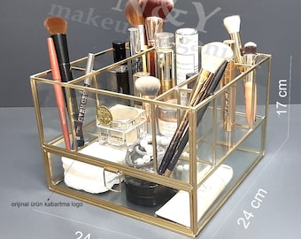 Handgemaakte messing glazen make-updoos: gouden sieradendoos met lade, zacht goud
