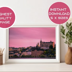 Pôster para download de pôr do sol de Estocolmo, céu rosa, foto, arte de parede, decoração, paisagem urbana, arte, imagem para impressão para casa e escritório, Europa