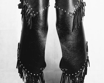 1of1 handmade Tassel Shotgun Chaps in recycled leather - Goth, Punk, Cowboy, Western, Stage Wear, Gothic, Metal, Roc, Techno