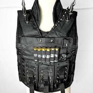 Custom Black TACTICAL VEST Airsoft / Stagewear with LED light panel, spikes, leather stamped details & shotgun shells Goth, Punk, Rock